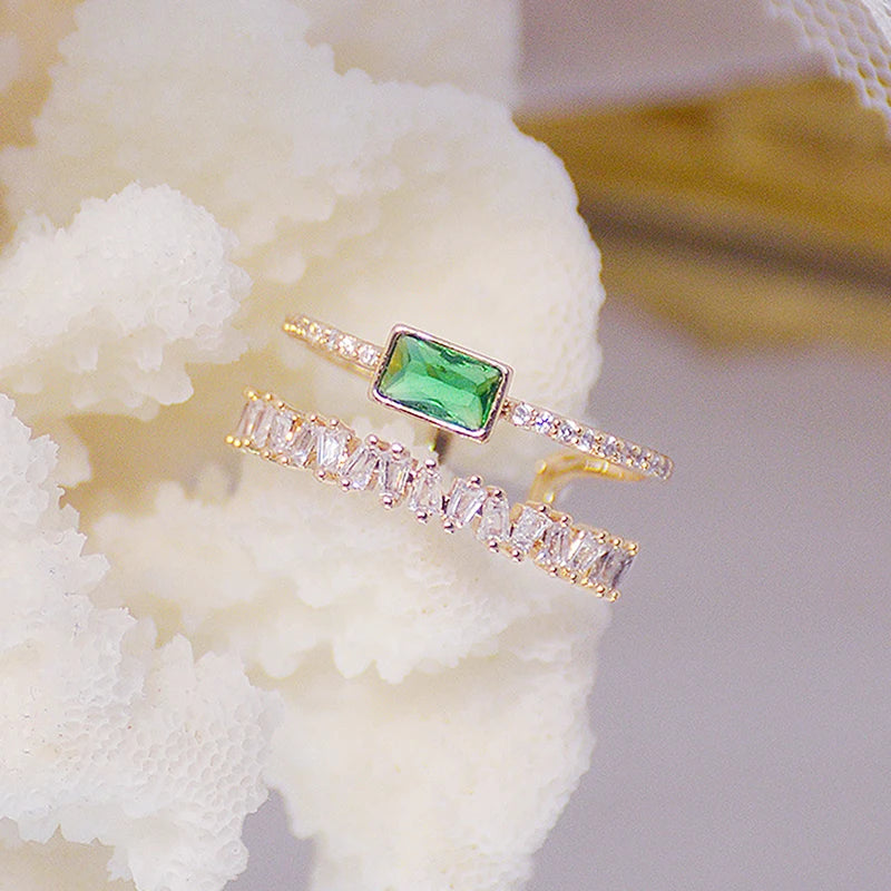 Bohemia Emerald Green Crystal Women Ring Double Layers Transparent Zircon Elegant Bague Anillos Shine Bridal Wedding Jewelry