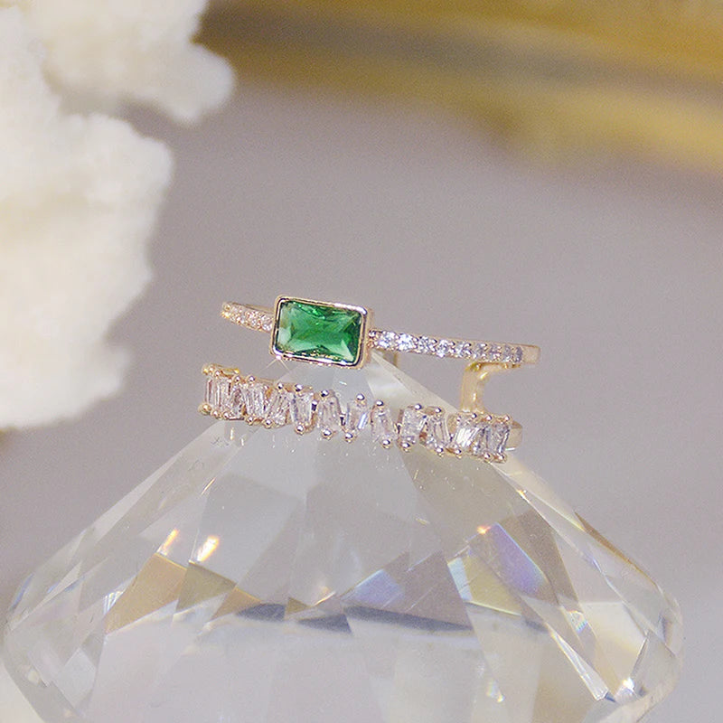 Bohemia Emerald Green Crystal Women Ring Double Layers Transparent Zircon Elegant Bague Anillos Shine Bridal Wedding Jewelry
