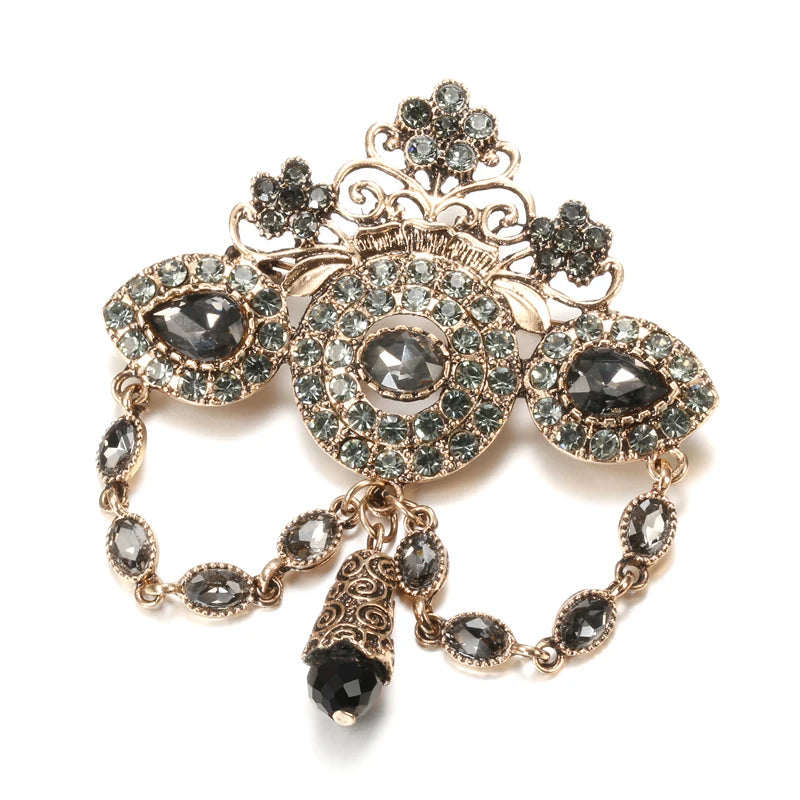 Kinel Fashion Boho Crown Brooch for Women Antique Gold Color Full Gray Crystal Moroccan Wedding Jewelry African Bridal Bijoux