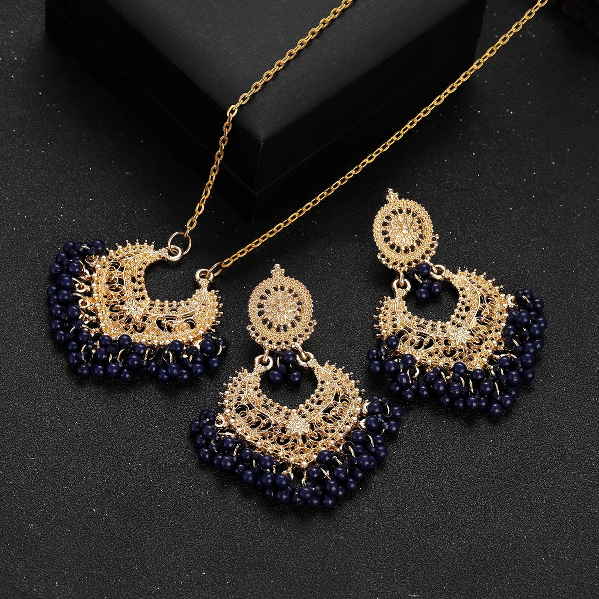 Indian Jewelry Set for Women Bijoux Retro Gold Plated Round Beads Tassel Earring Necklace Sets Ethnic Vintage Wedding Jewelry