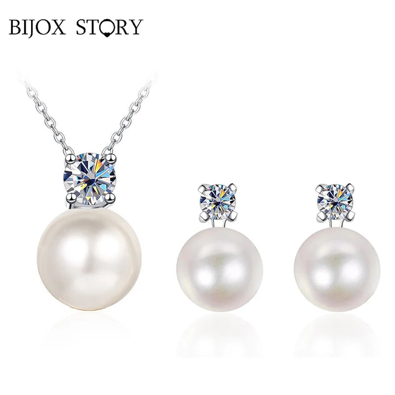 BIJOX STORY Classic 0.9 Carat D Color Moissanite Pearl Pendant Necklace Earrings Jewelry Set for Female Couple Anniversary Gifts