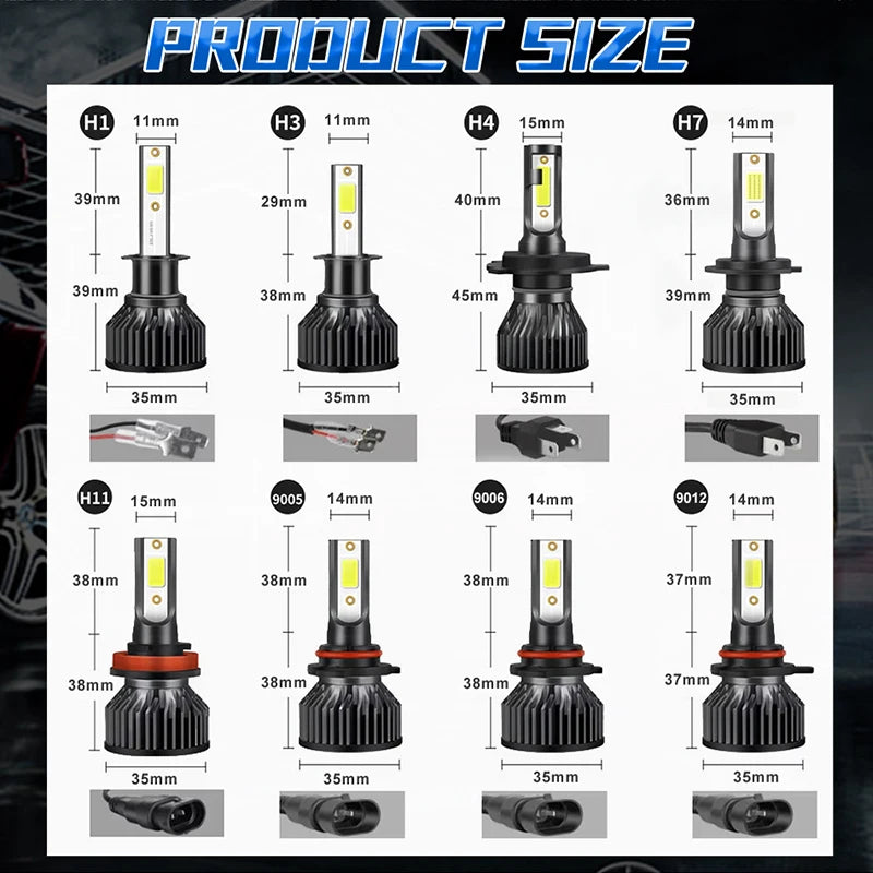 H7 LED H11 H4 Hi/Lo H1 H3 H8 HB3 HB4 HIR2 9005 9006 9012 Car Headlight Bulbs 6000K COB C37 Car Lights 50000LM 500W 12V Turbo Fan