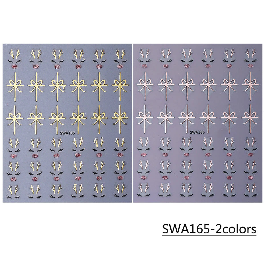 2pcs Glitter Christmas Nail Art Stickers 3D Elk Snowflake Antler Bow Nail Decals DIY Self-Adhesive Slider Winter Manicure Decor