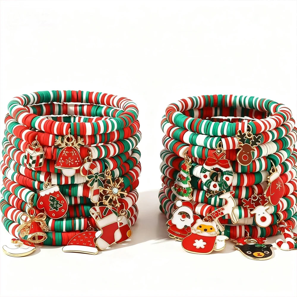 32PCS Christmas Elastic Bracelet Set, Santa Claus, Reindeer, Socks, Snowman Festival Charm Bracelet, Christmas Party Gifts