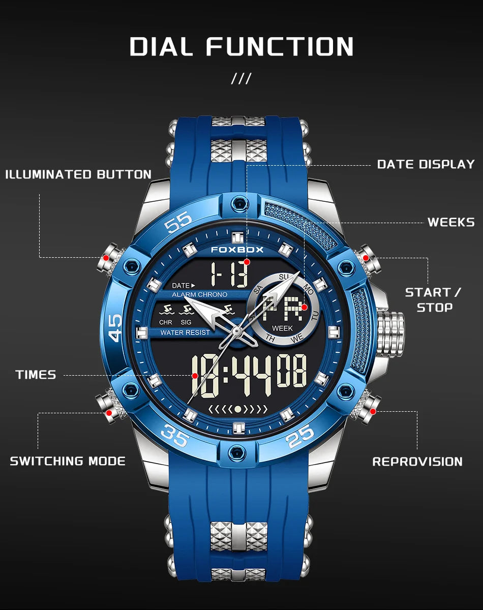 FOXBOX Fashion Quartz Watch Soft Silicone Waterproof LED Dual Display Luminous Digital Watches Men Date Chronograph Man Watch