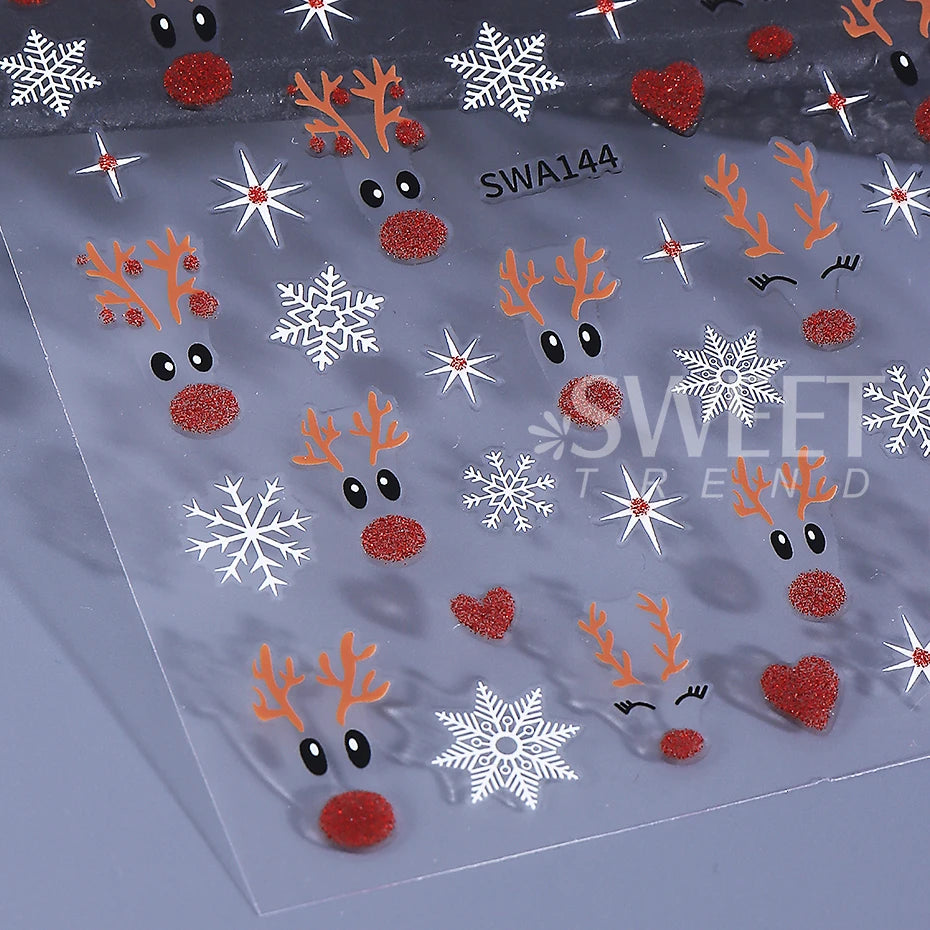 2pcs Glitter Christmas Nail Art Stickers 3D Elk Snowflake Antler Love Nail Decor DIY Self-Adhesive Slider Winter Manicure Decals