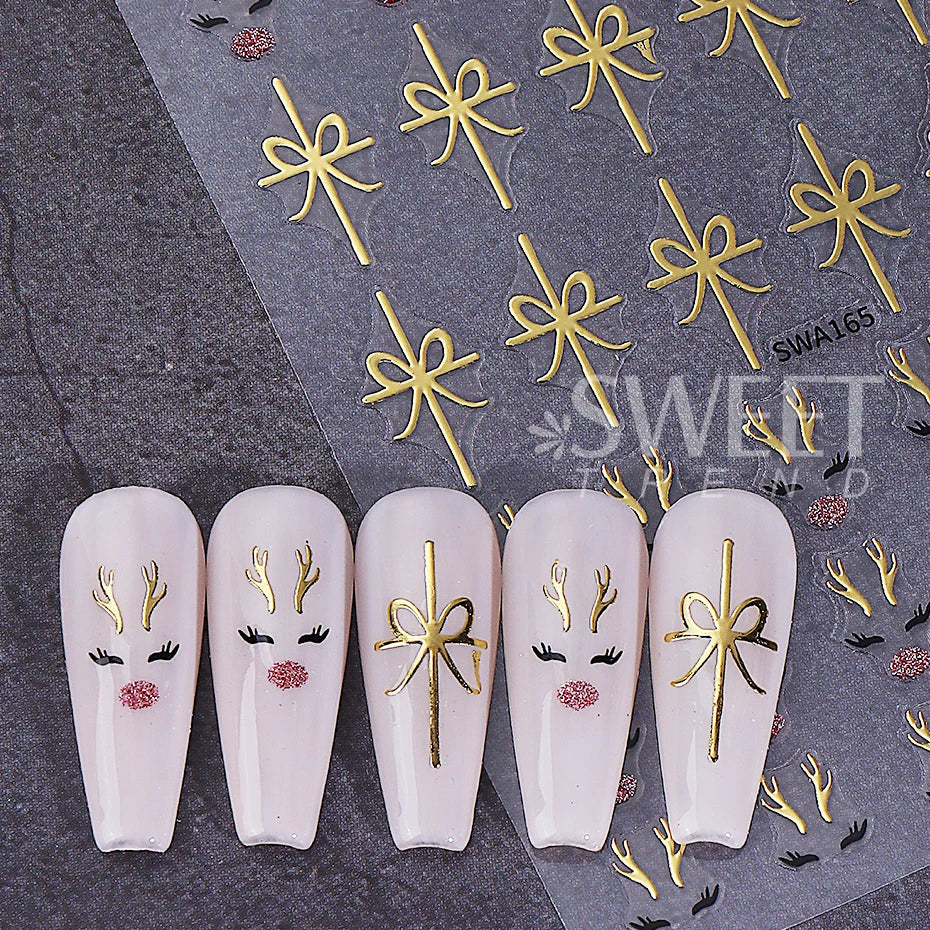 2pcs Glitter Christmas Nail Art Stickers 3D Elk Snowflake Antler Bow Nail Decals DIY Self-Adhesive Slider Winter Manicure Decor