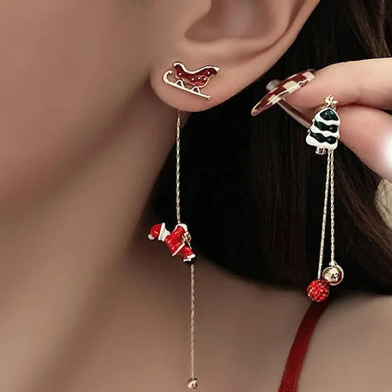 Moving Santa Claus Tassel Dangle Earrings for Women Christmas Tree Snowflake Asymmetric Long Chain Earring New Year Jewelry Gift