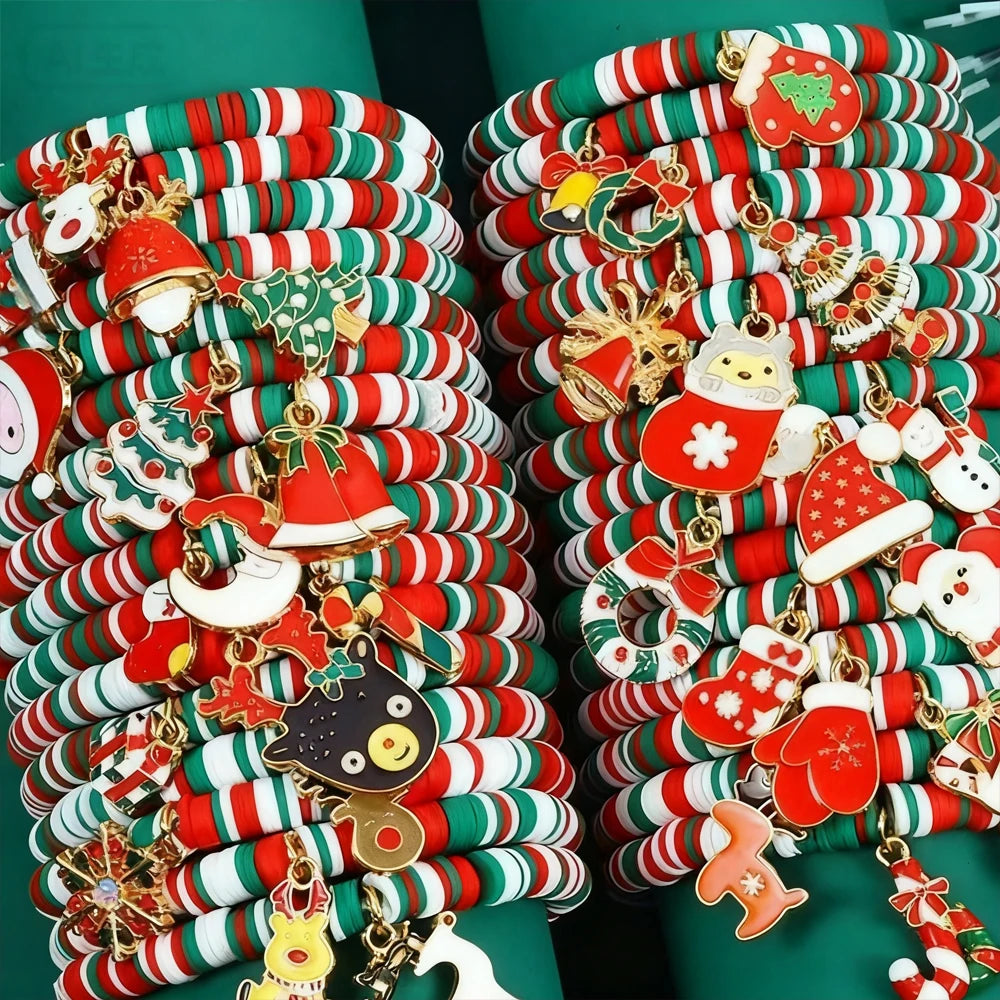 32PCS Christmas Elastic Bracelet Set, Santa Claus, Reindeer, Socks, Snowman Festival Charm Bracelet, Christmas Party Gifts