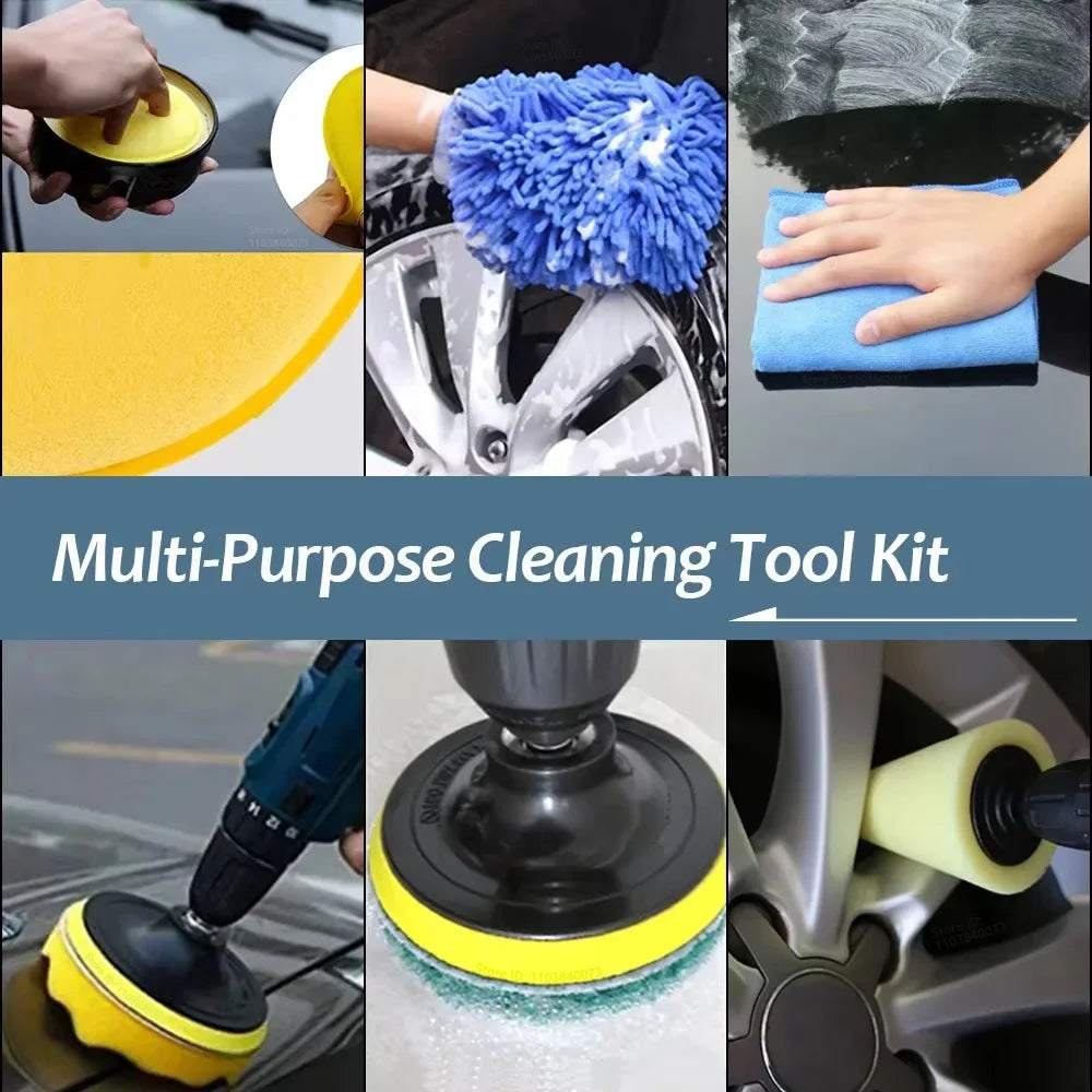 PKWKS New Car Cleaning Kit Scrubber Drill Detailing Brush Set Air Conditioner Vents Towel Polisher Car Auto Detailing Tools