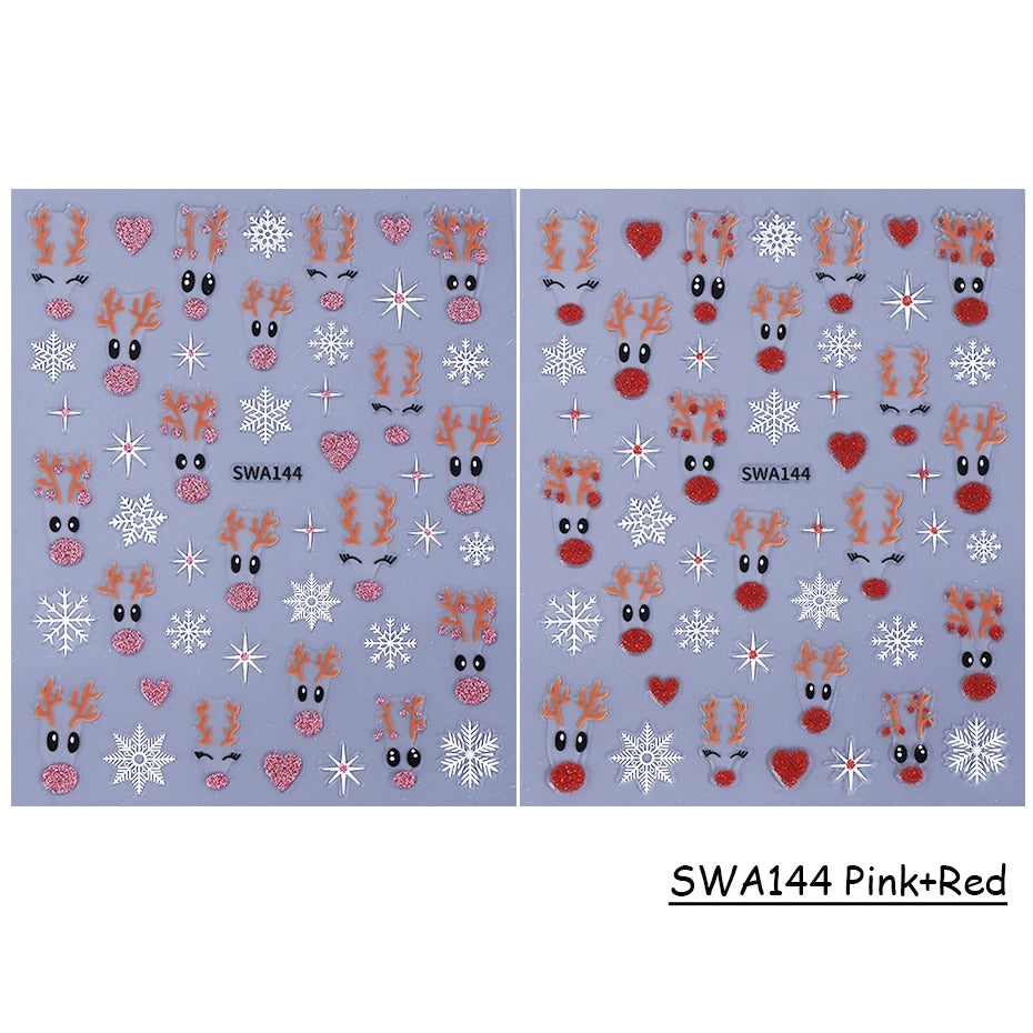 2pcs Glitter Christmas Nail Art Stickers 3D Elk Snowflake Antler Love Nail Decor DIY Self-Adhesive Slider Winter Manicure Decals