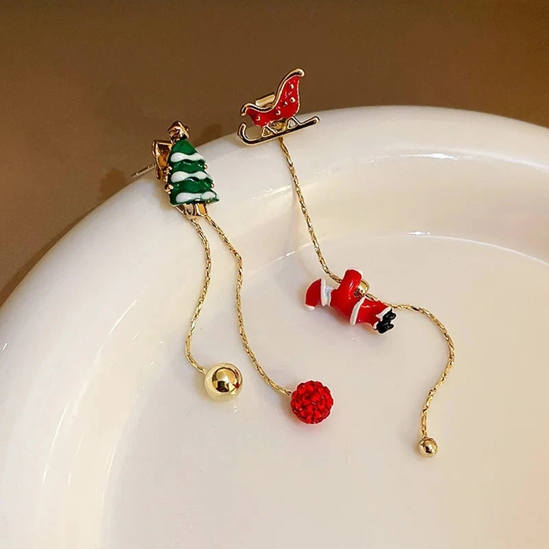 Moving Santa Claus Tassel Dangle Earrings for Women Christmas Tree Snowflake Asymmetric Long Chain Earring New Year Jewelry Gift