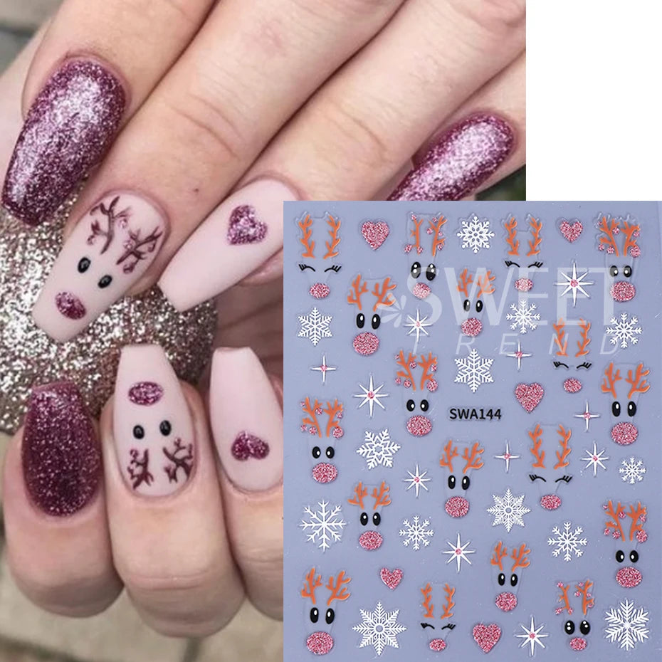2pcs Glitter Christmas Nail Art Stickers 3D Elk Snowflake Antler Love Nail Decor DIY Self-Adhesive Slider Winter Manicure Decals