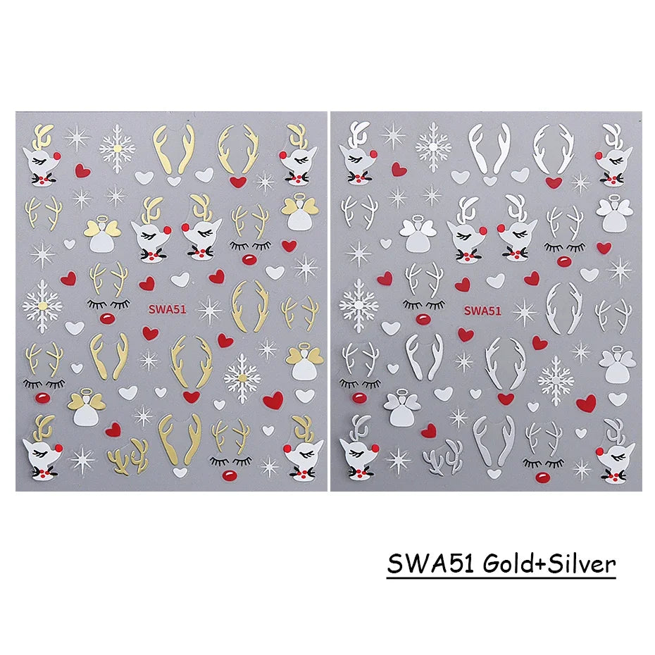 2pcs Glitter Christmas Nail Art Stickers 3D Elk Snowflake Antler Bow Nail Decals DIY Self-Adhesive Slider Winter Manicure Decor