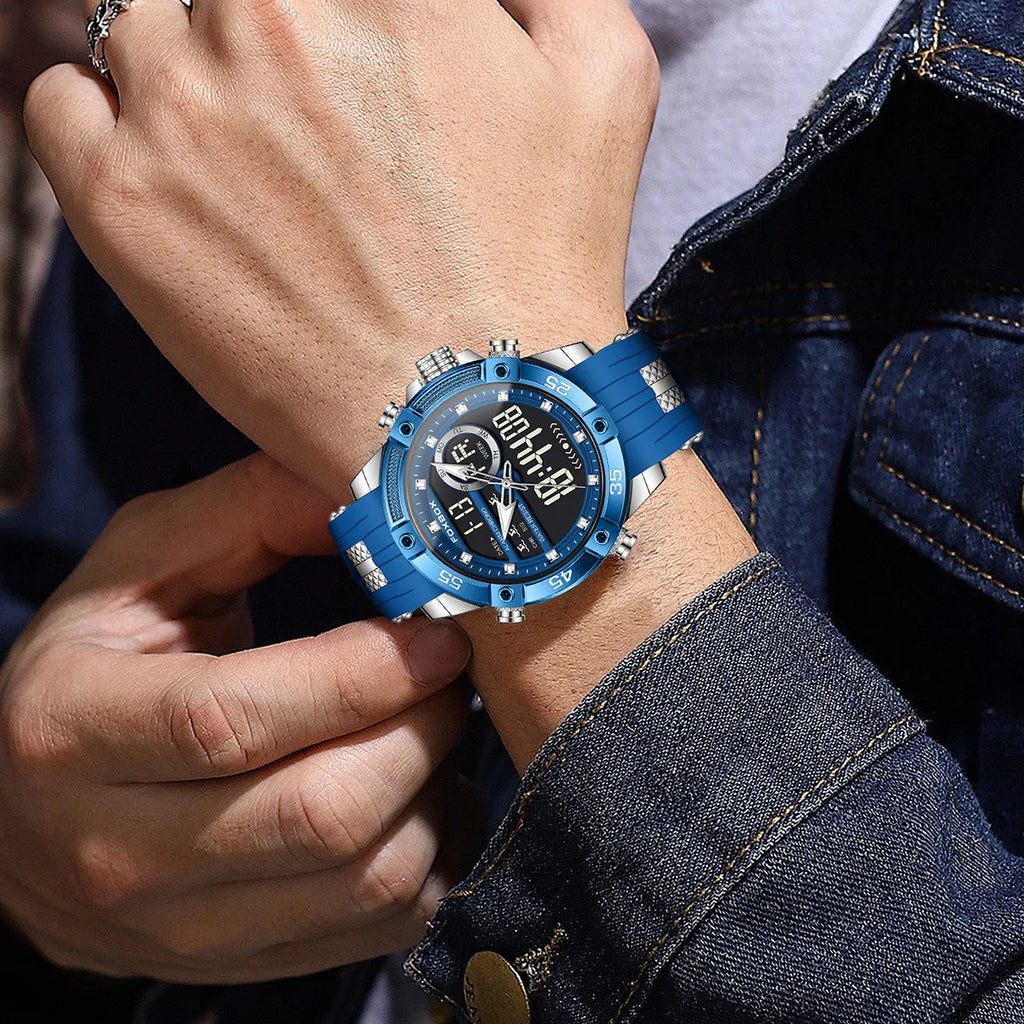 FOXBOX Fashion Quartz Watch Soft Silicone Waterproof LED Dual Display Luminous Digital Watches Men Date Chronograph Man Watch