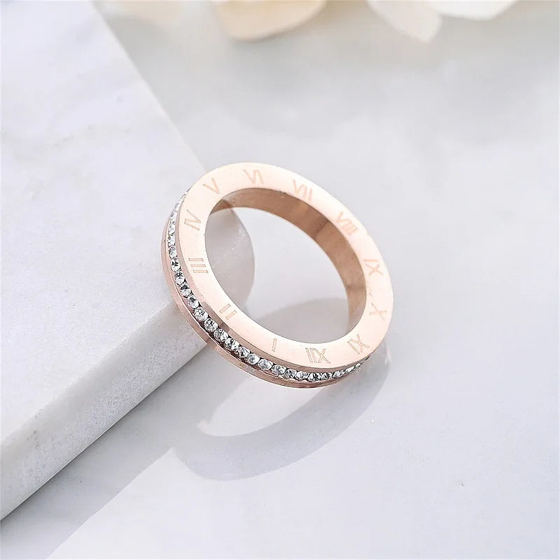 New 4MM Stainless Steel Bague Femme Trendy Cubic Zirconia Wedding Ring For Women Roman Numerals Anillos Mujer Jewelry
