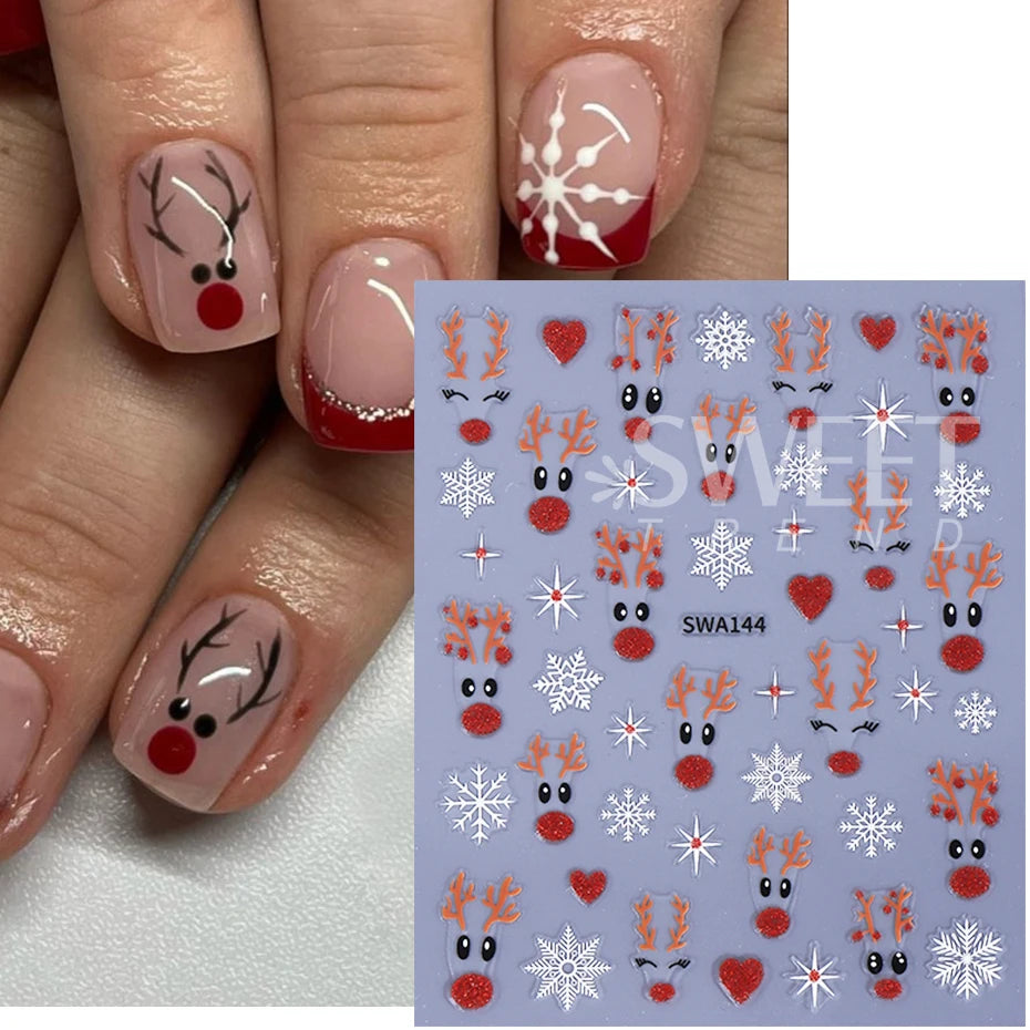 2pcs Glitter Christmas Nail Art Stickers 3D Elk Snowflake Antler Love Nail Decor DIY Self-Adhesive Slider Winter Manicure Decals