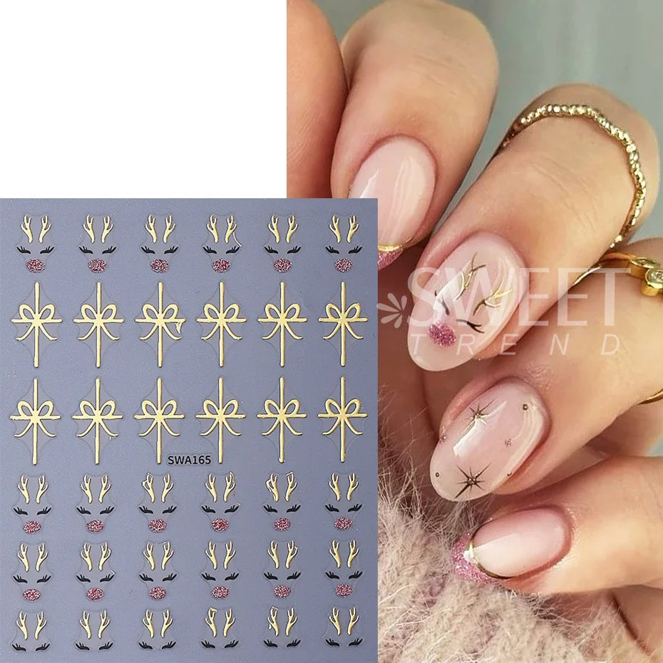 2pcs Glitter Christmas Nail Art Stickers 3D Elk Snowflake Antler Bow Nail Decals DIY Self-Adhesive Slider Winter Manicure Decor