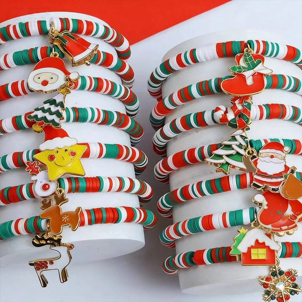 32PCS Christmas Elastic Bracelet Set, Santa Claus, Reindeer, Socks, Snowman Festival Charm Bracelet, Christmas Party Gifts
