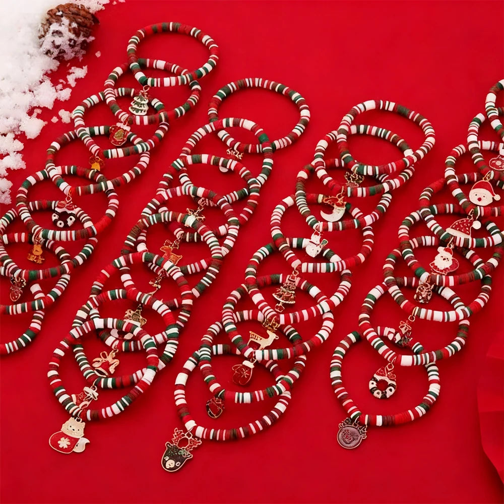 32PCS Christmas Elastic Bracelet Set, Santa Claus, Reindeer, Socks, Snowman Festival Charm Bracelet, Christmas Party Gifts
