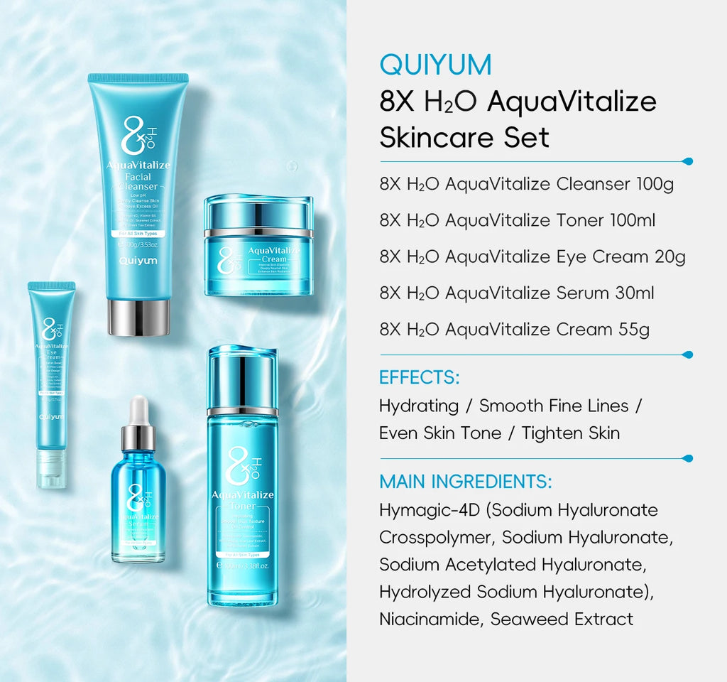 QUIYUM 8X H₂O AquaVitalize Skincare Set 5PCS Deep Hydration Kit Wrinkle Smoothing Tightening Treatment Gift Set