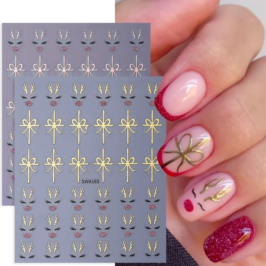 2pcs Glitter Christmas Nail Art Stickers 3D Elk Snowflake Antler Bow Nail Decals DIY Self-Adhesive Slider Winter Manicure Decor