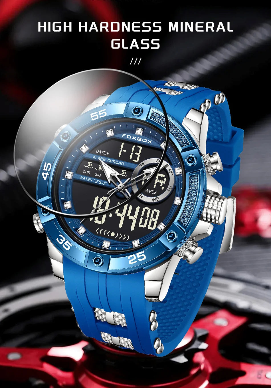 FOXBOX Fashion Quartz Watch Soft Silicone Waterproof LED Dual Display Luminous Digital Watches Men Date Chronograph Man Watch