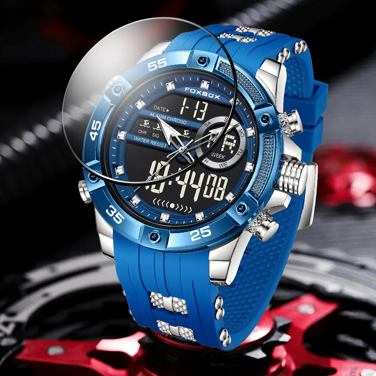 FOXBOX Fashion Quartz Watch Soft Silicone Waterproof LED Dual Display Luminous Digital Watches Men Date Chronograph Man Watch