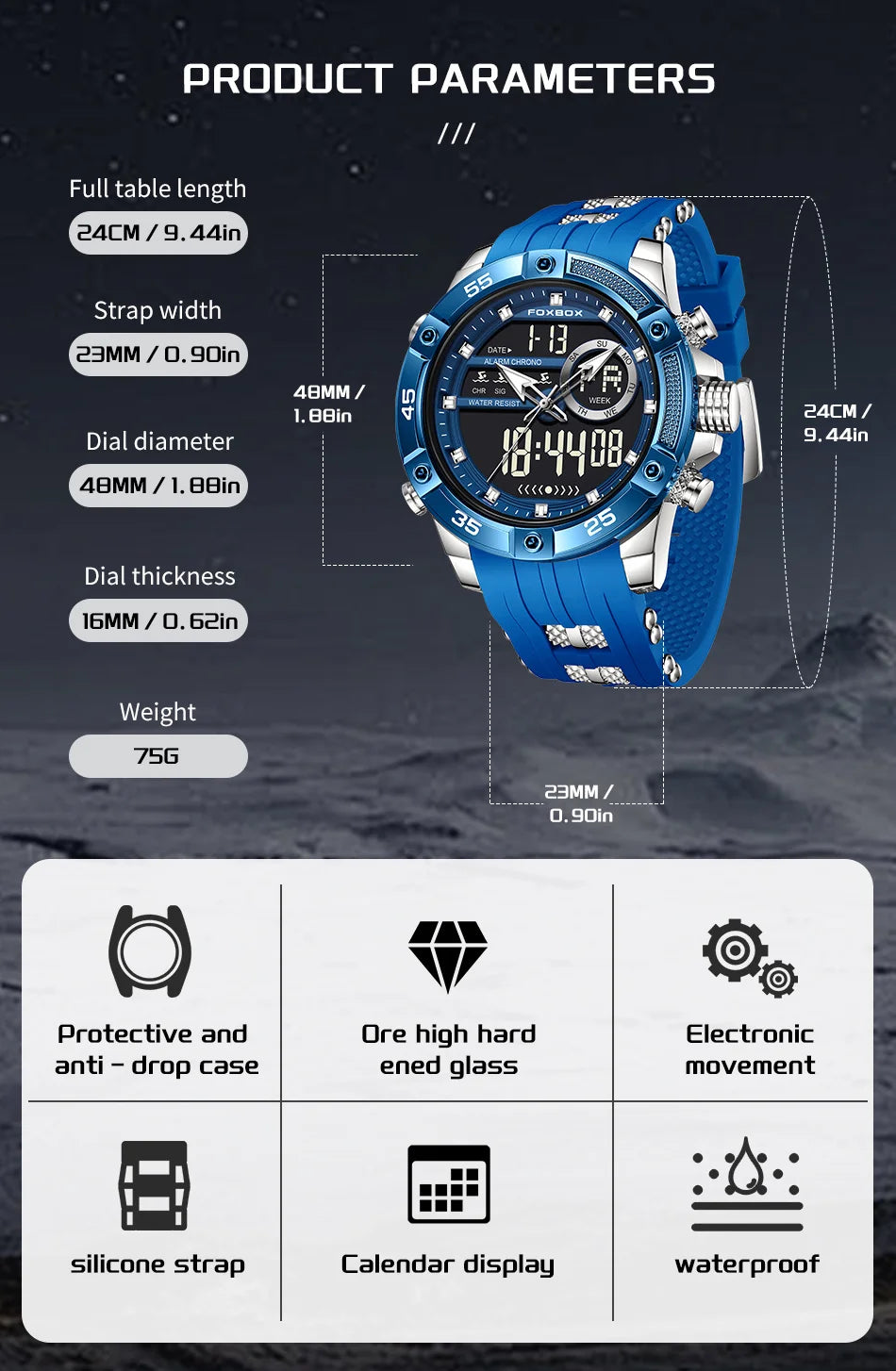 FOXBOX Fashion Quartz Watch Soft Silicone Waterproof LED Dual Display Luminous Digital Watches Men Date Chronograph Man Watch