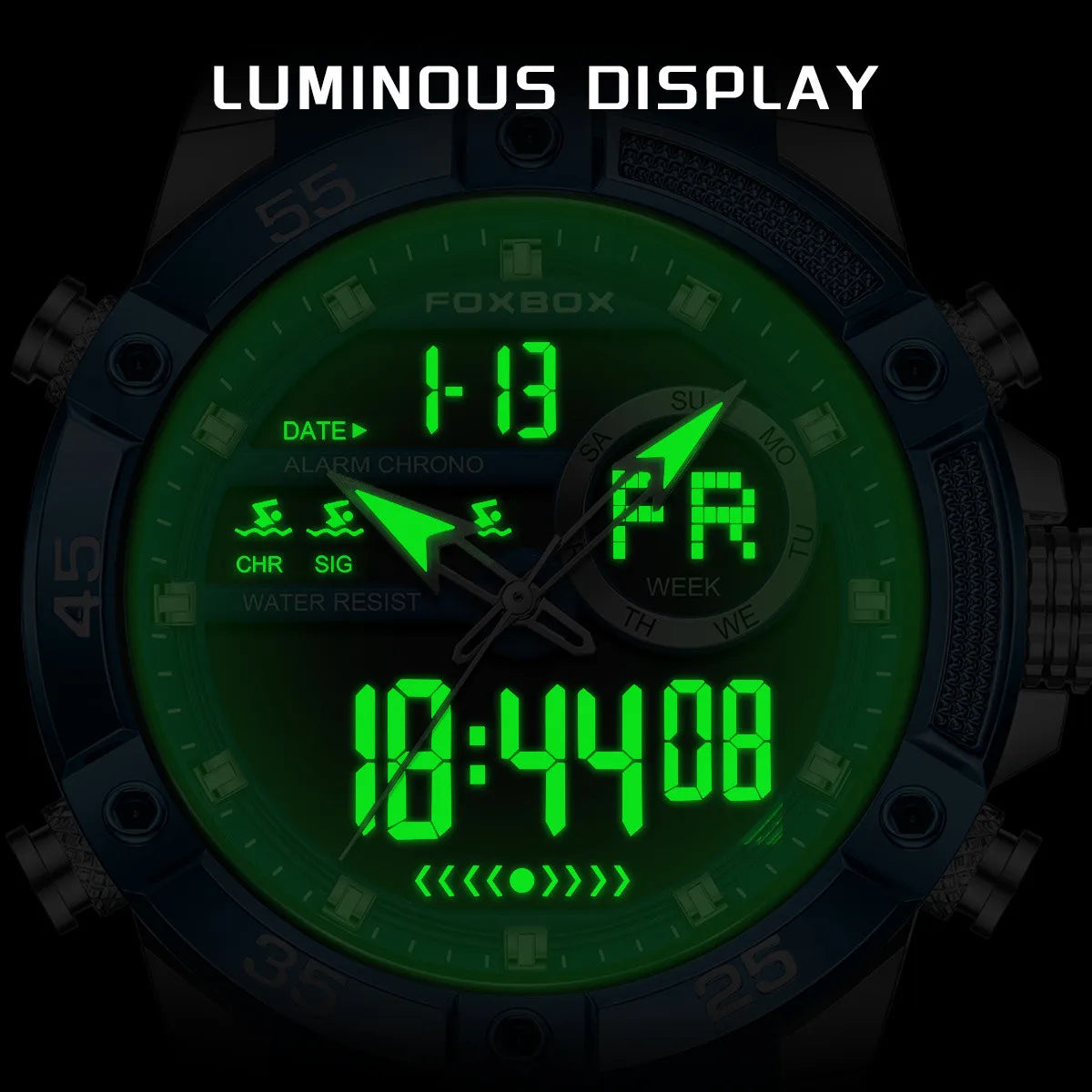 FOXBOX Fashion Quartz Watch Soft Silicone Waterproof LED Dual Display Luminous Digital Watches Men Date Chronograph Man Watch