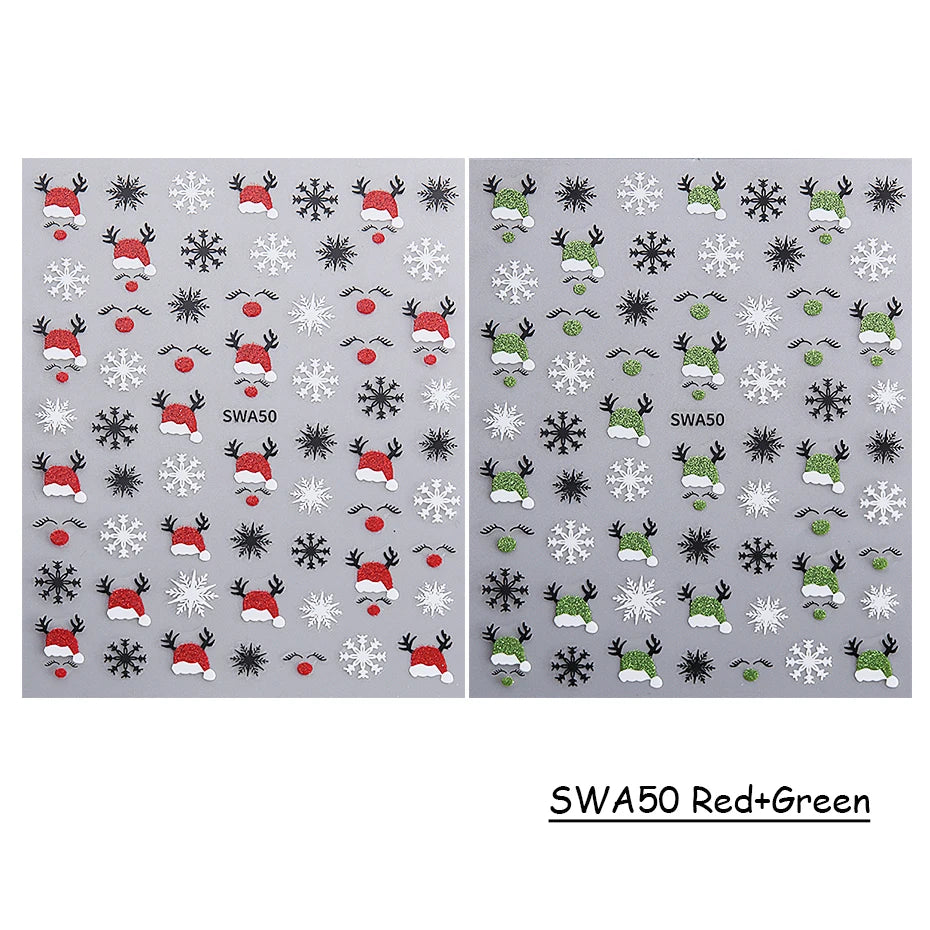 2pcs Glitter Christmas Nail Art Stickers 3D Elk Snowflake Antler Love Nail Decor DIY Self-Adhesive Slider Winter Manicure Decals