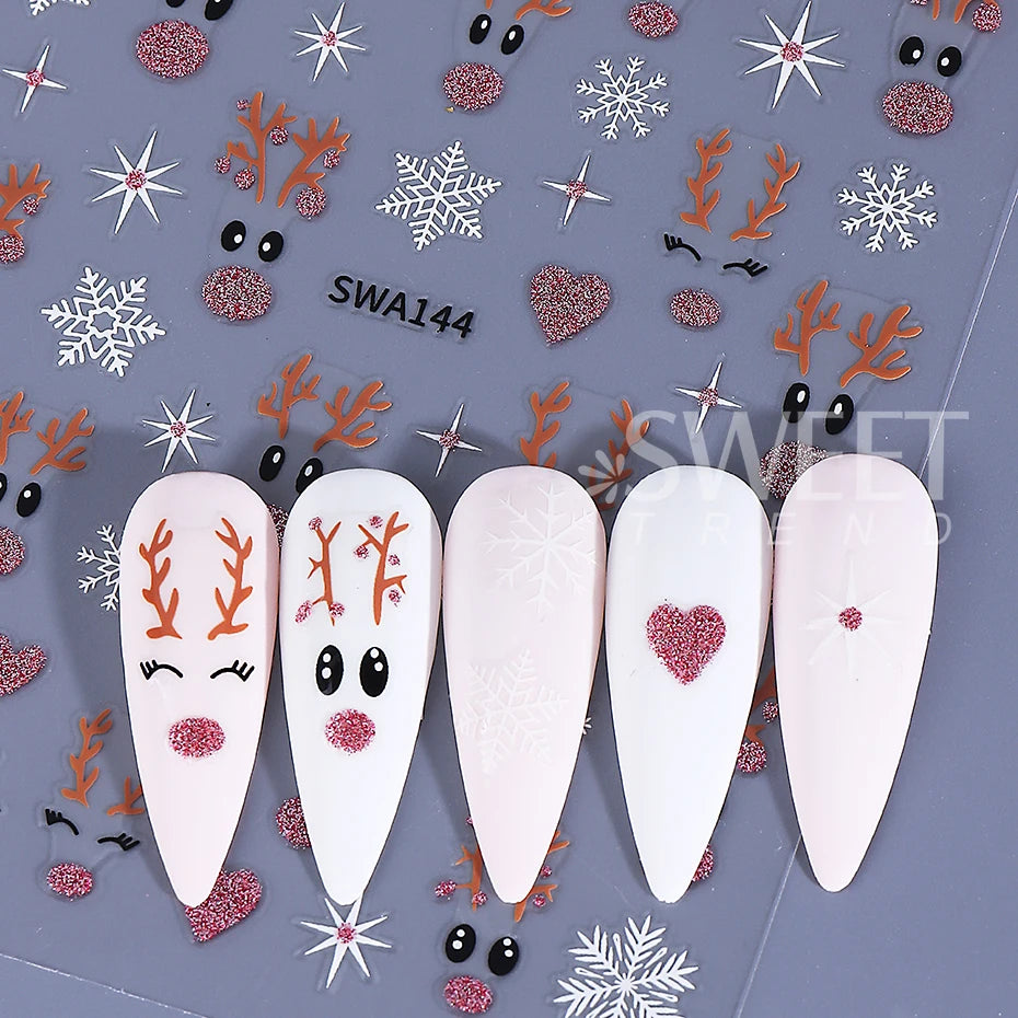 2pcs Glitter Christmas Nail Art Stickers 3D Elk Snowflake Antler Love Nail Decor DIY Self-Adhesive Slider Winter Manicure Decals