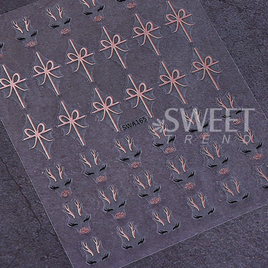 2pcs Glitter Christmas Nail Art Stickers 3D Elk Snowflake Antler Bow Nail Decals DIY Self-Adhesive Slider Winter Manicure Decor