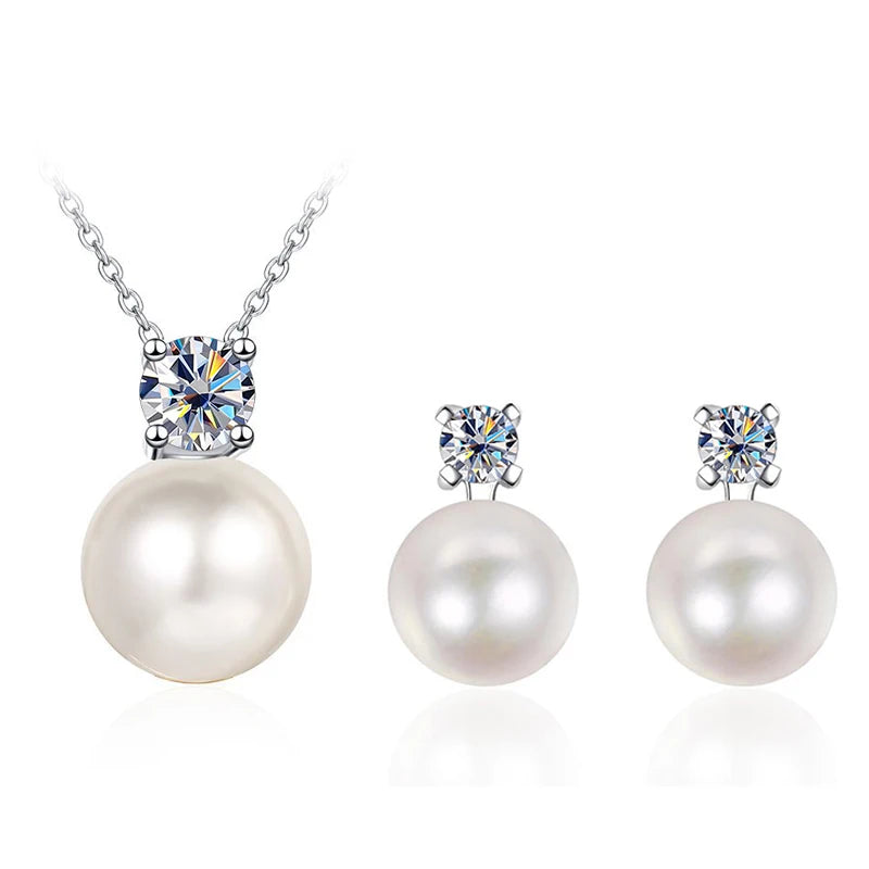 BIJOX STORY Classic 0.9 Carat D Color Moissanite Pearl Pendant Necklace Earrings Jewelry Set for Female Couple Anniversary Gifts