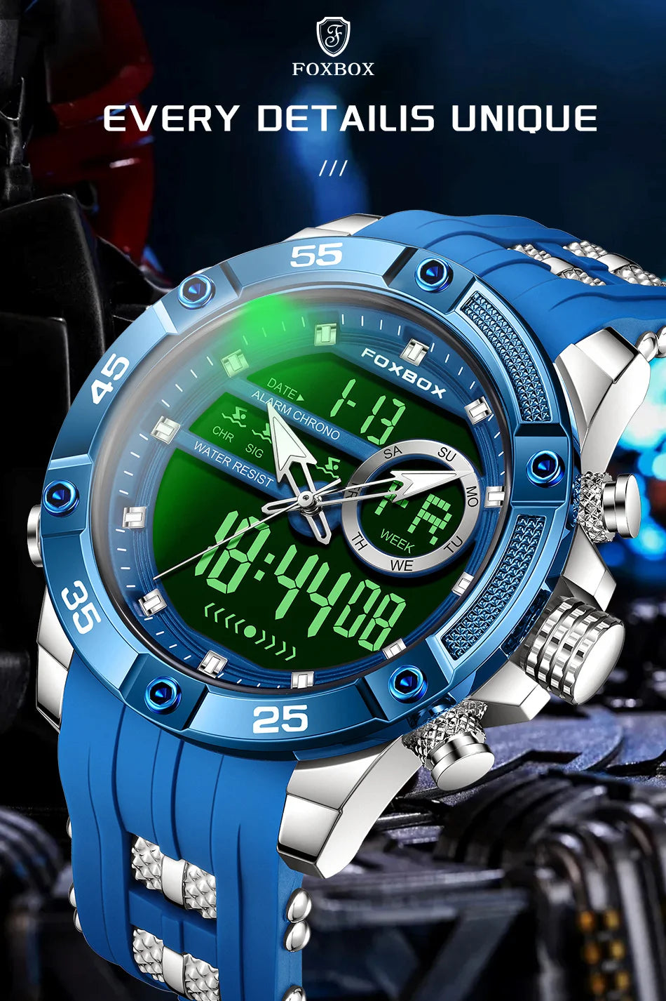 FOXBOX Fashion Quartz Watch Soft Silicone Waterproof LED Dual Display Luminous Digital Watches Men Date Chronograph Man Watch