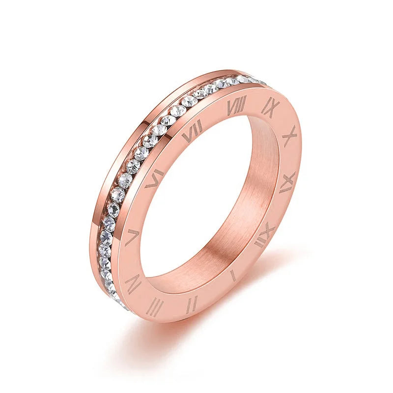 New 4MM Stainless Steel Bague Femme Trendy Cubic Zirconia Wedding Ring For Women Roman Numerals Anillos Mujer Jewelry