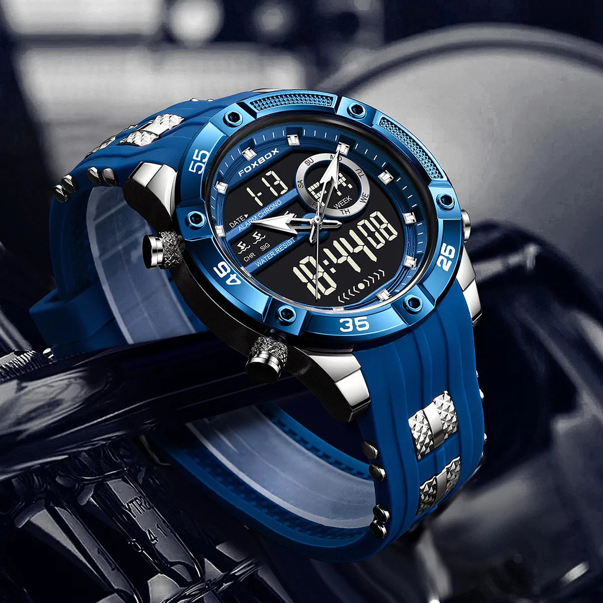 FOXBOX Fashion Quartz Watch Soft Silicone Waterproof LED Dual Display Luminous Digital Watches Men Date Chronograph Man Watch