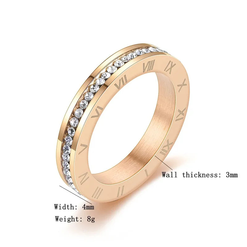 New 4MM Stainless Steel Bague Femme Trendy Cubic Zirconia Wedding Ring For Women Roman Numerals Anillos Mujer Jewelry