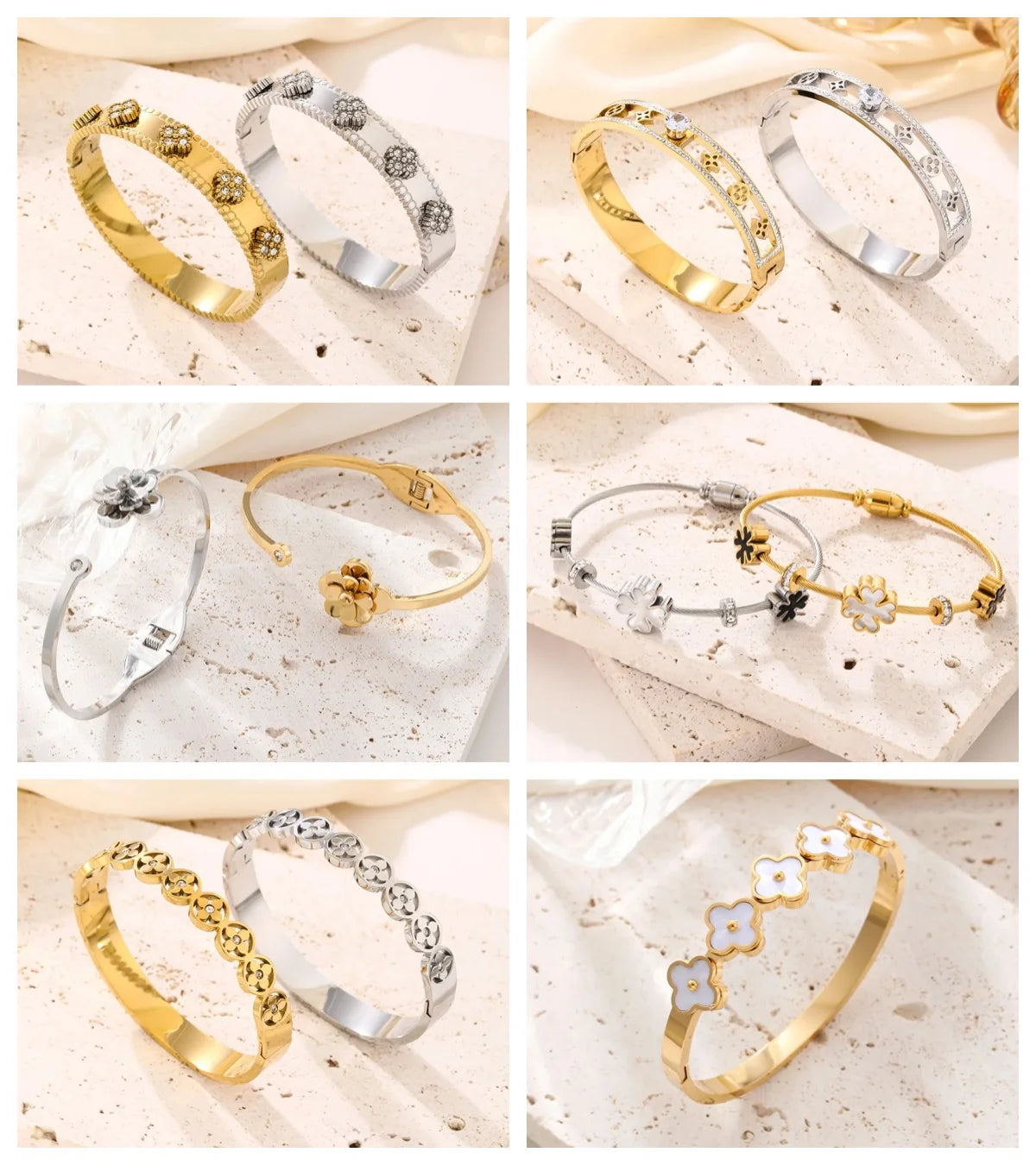 Bracelets en acier inoxydable ou titane avec motif floral pour femme