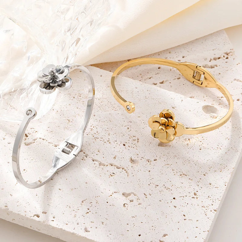 Bracelets en acier inoxydable ou titane avec motif floral pour femme
