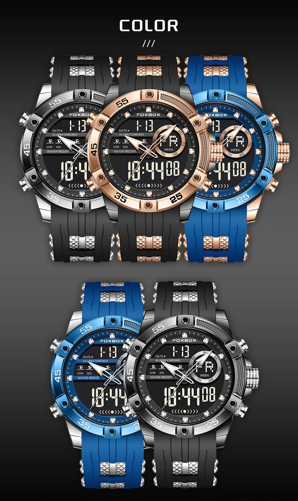 FOXBOX Fashion Quartz Watch Soft Silicone Waterproof LED Dual Display Luminous Digital Watches Men Date Chronograph Man Watch