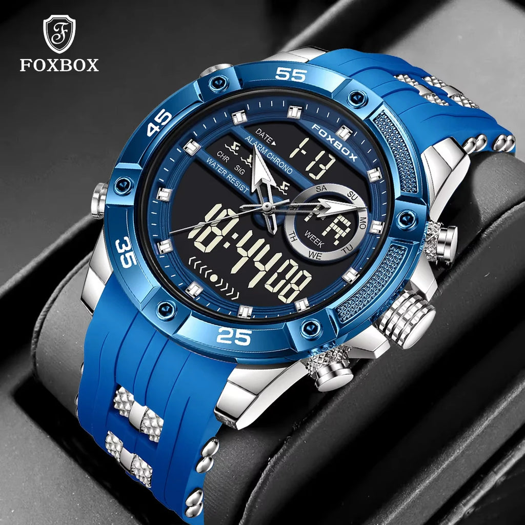 FOXBOX Fashion Quartz Watch Soft Silicone Waterproof LED Dual Display Luminous Digital Watches Men Date Chronograph Man Watch