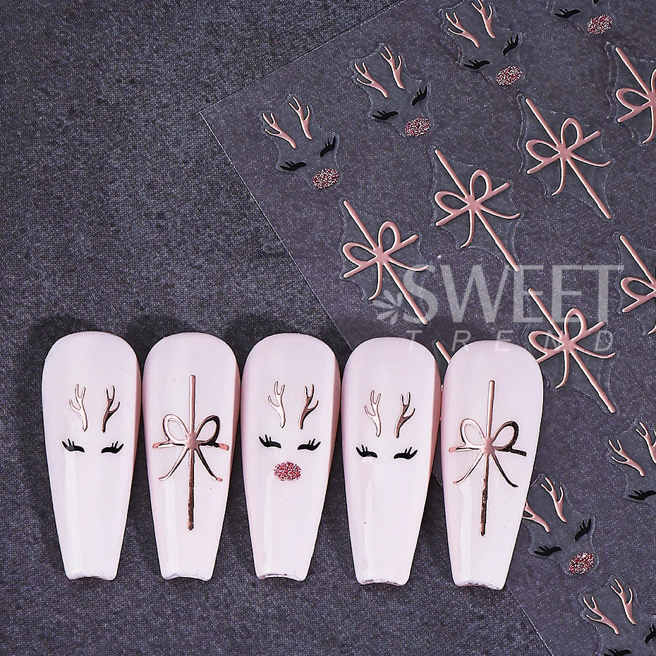 2pcs Glitter Christmas Nail Art Stickers 3D Elk Snowflake Antler Bow Nail Decals DIY Self-Adhesive Slider Winter Manicure Decor