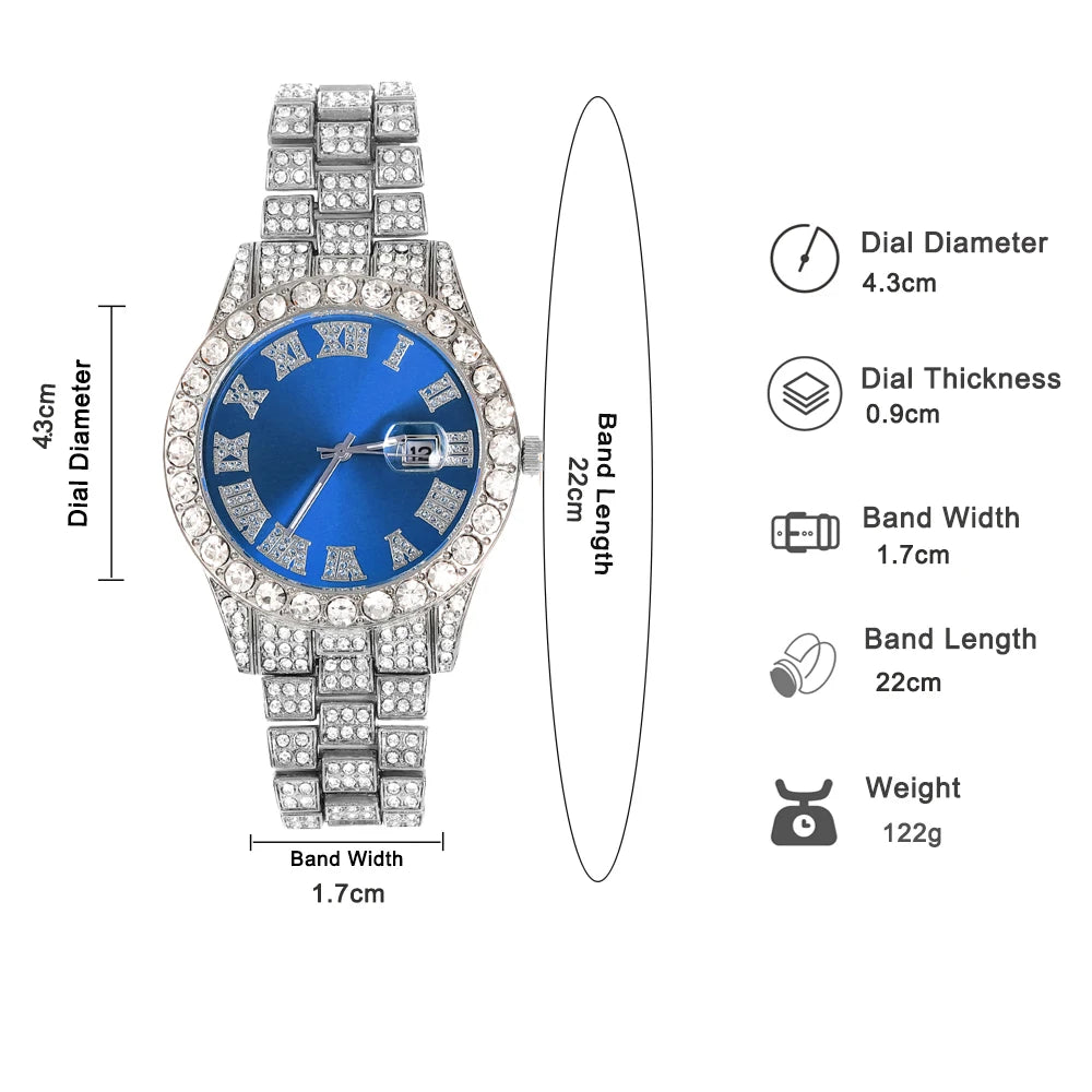 Quartz Watch Set Gift Box Cuban Necklace Bracelet Cross Classic Full Diamond Watch Shining Luxury Gift giving Festival Chain Hip