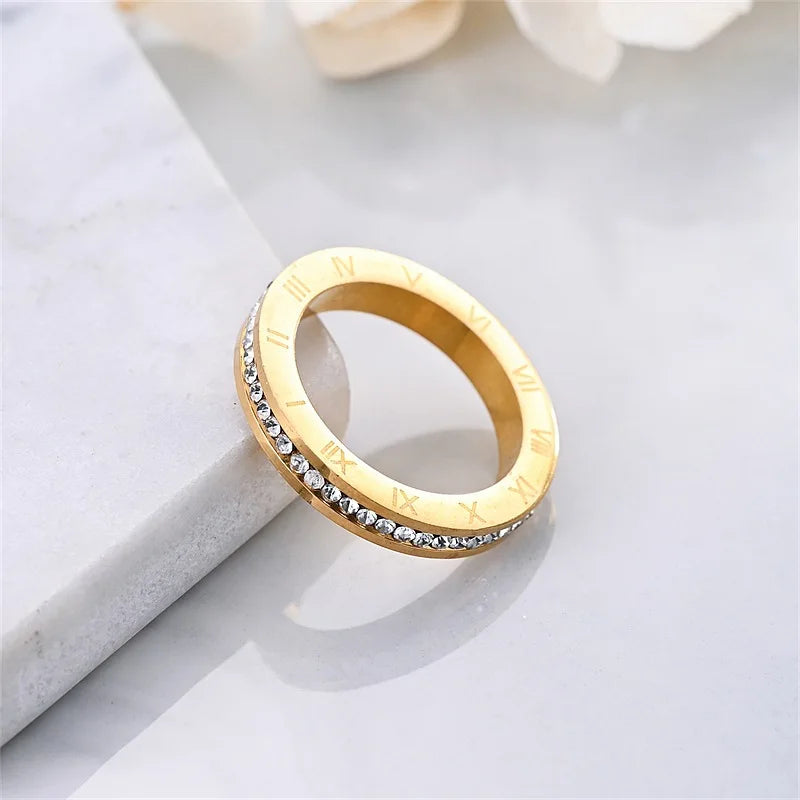 New 4MM Stainless Steel Bague Femme Trendy Cubic Zirconia Wedding Ring For Women Roman Numerals Anillos Mujer Jewelry