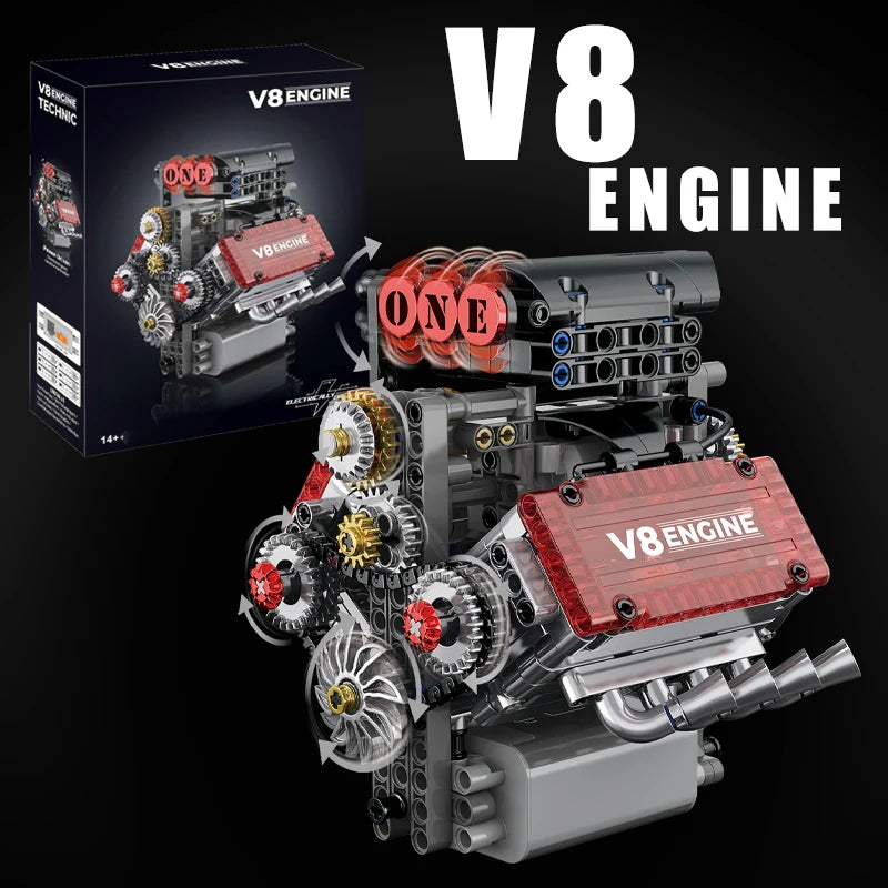 Ensemble de Construction Moteur V8 Motorisé (MOC) - Maquette de Simulation Technique en Briques. Le Cadeau de Noël Idéal pour les Garçons, Enfants et Adultes Passionnés de Technique.