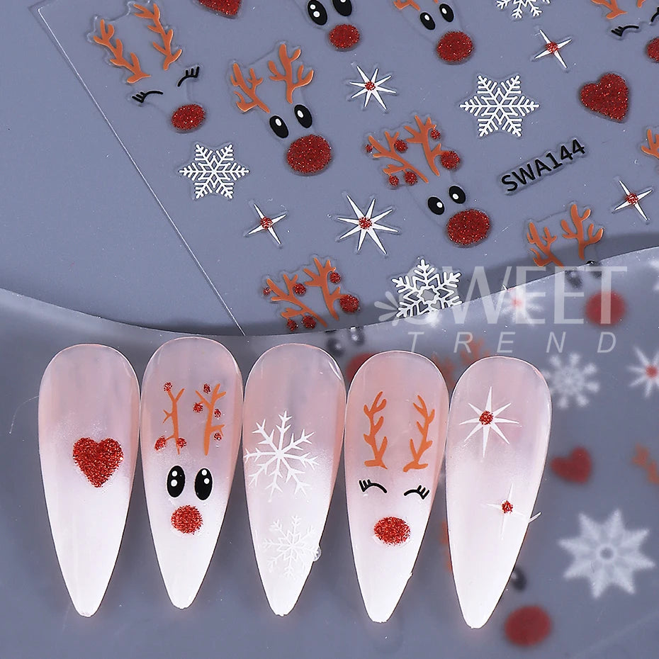 2pcs Glitter Christmas Nail Art Stickers 3D Elk Snowflake Antler Love Nail Decor DIY Self-Adhesive Slider Winter Manicure Decals
