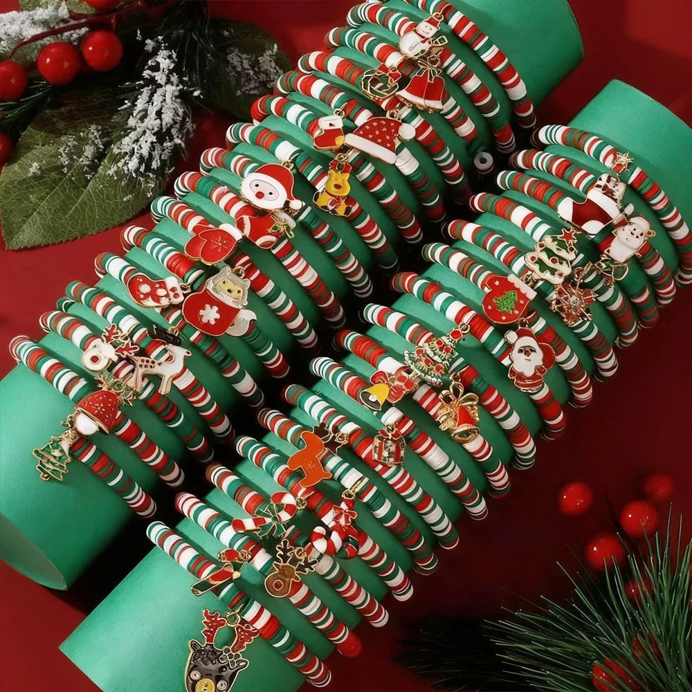 32PCS Christmas Elastic Bracelet Set, Santa Claus, Reindeer, Socks, Snowman Festival Charm Bracelet, Christmas Party Gifts
