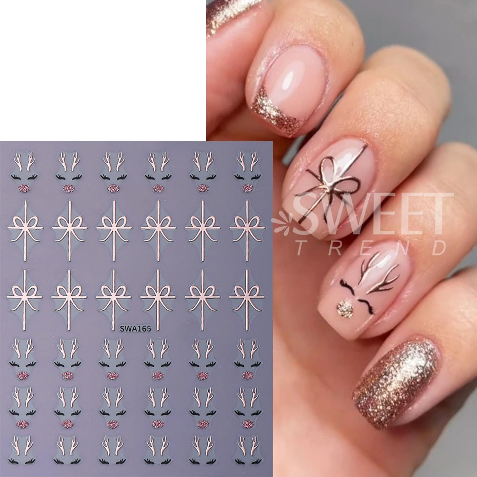 2pcs Glitter Christmas Nail Art Stickers 3D Elk Snowflake Antler Bow Nail Decals DIY Self-Adhesive Slider Winter Manicure Decor