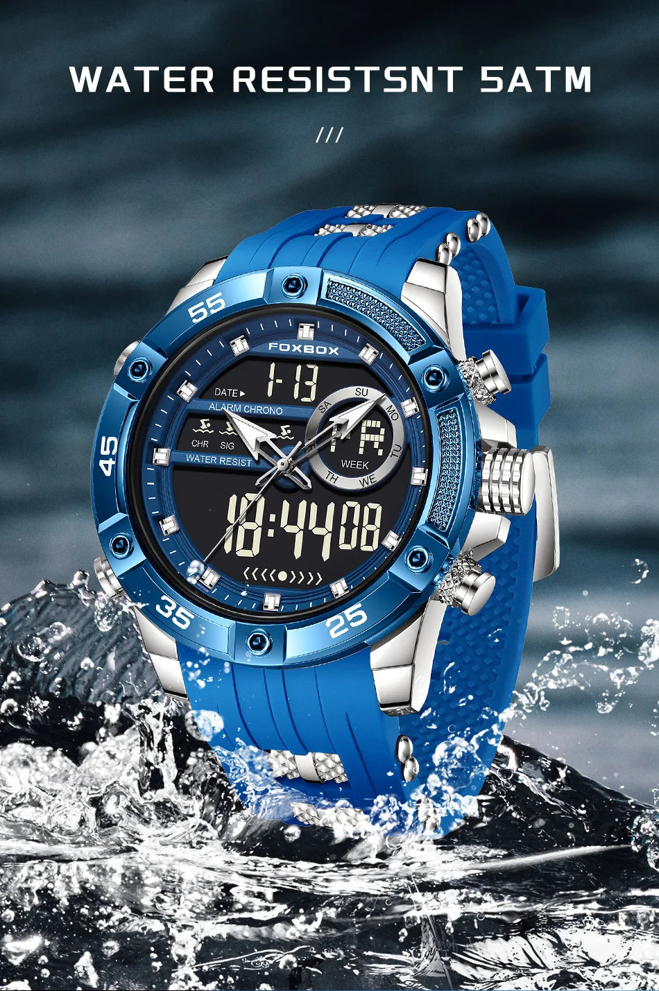 FOXBOX Fashion Quartz Watch Soft Silicone Waterproof LED Dual Display Luminous Digital Watches Men Date Chronograph Man Watch